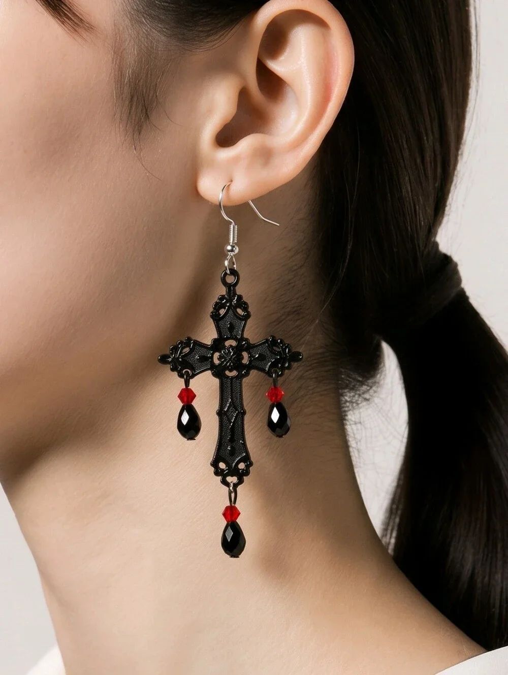 Black Gothic Cross Dangle Earrings Red & Black Gemstone Edgy Statement Jewelry
